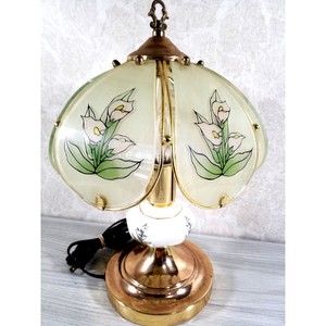 Vtg Lamp Small Gold Hand Painted Floral Porcelain Middle & Glass 6 Panels